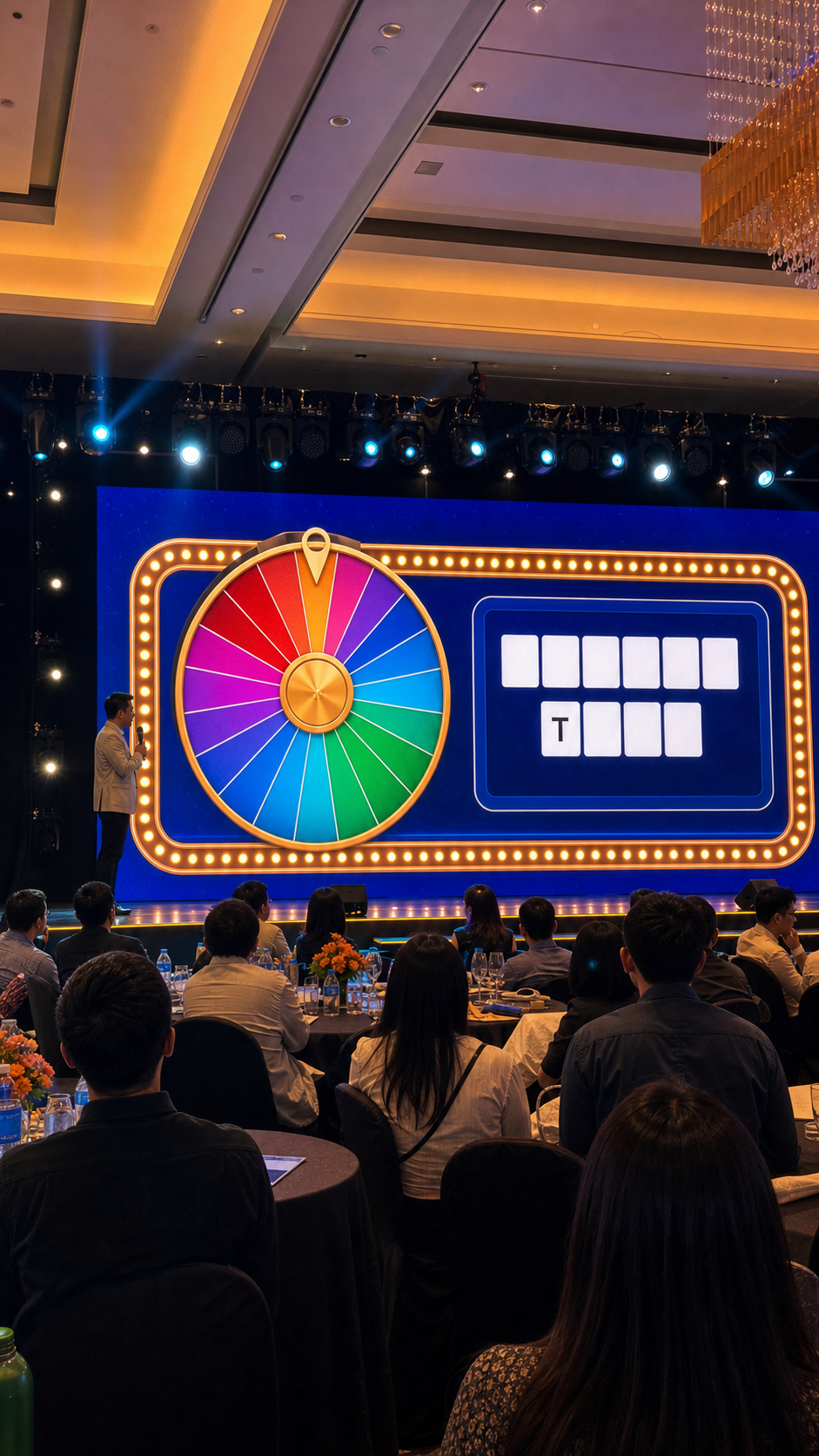 Realistic hotel ballroom photo of corporate teams watching the Spin to Win round on a large stage screen